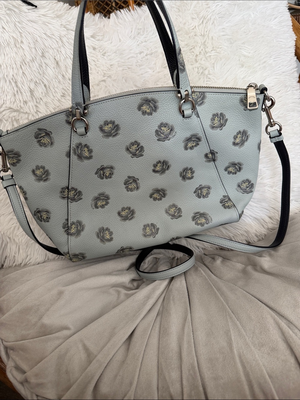 Coach Light Blue Floral Leather Tote with Silver Hardware - Picture 2 of 6